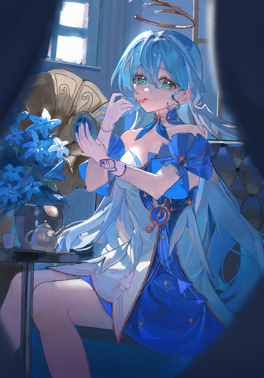 1girl absurdres aqua_eyes asymmetrical_gloves bare_shoulders blue_dress blue_hair commentary cosmetics detached_sleeves dress earrings feet_out_of_frame gloves halo hands_up head_wings highres holding holding_lipstick_tube holding_mirror honkai:_star_rail honkai_(series) iinagi_(kashiwa_keira) indoors jewelry lipstick lipstick_tube long_hair looking_at_viewer makeup mirror parted_lips robin_(honkai:_star_rail) short_sleeves sitting solo strapless strapless_dress teapot two-tone_dress uneven_gloves white_dress white_gloves white_wings window wings