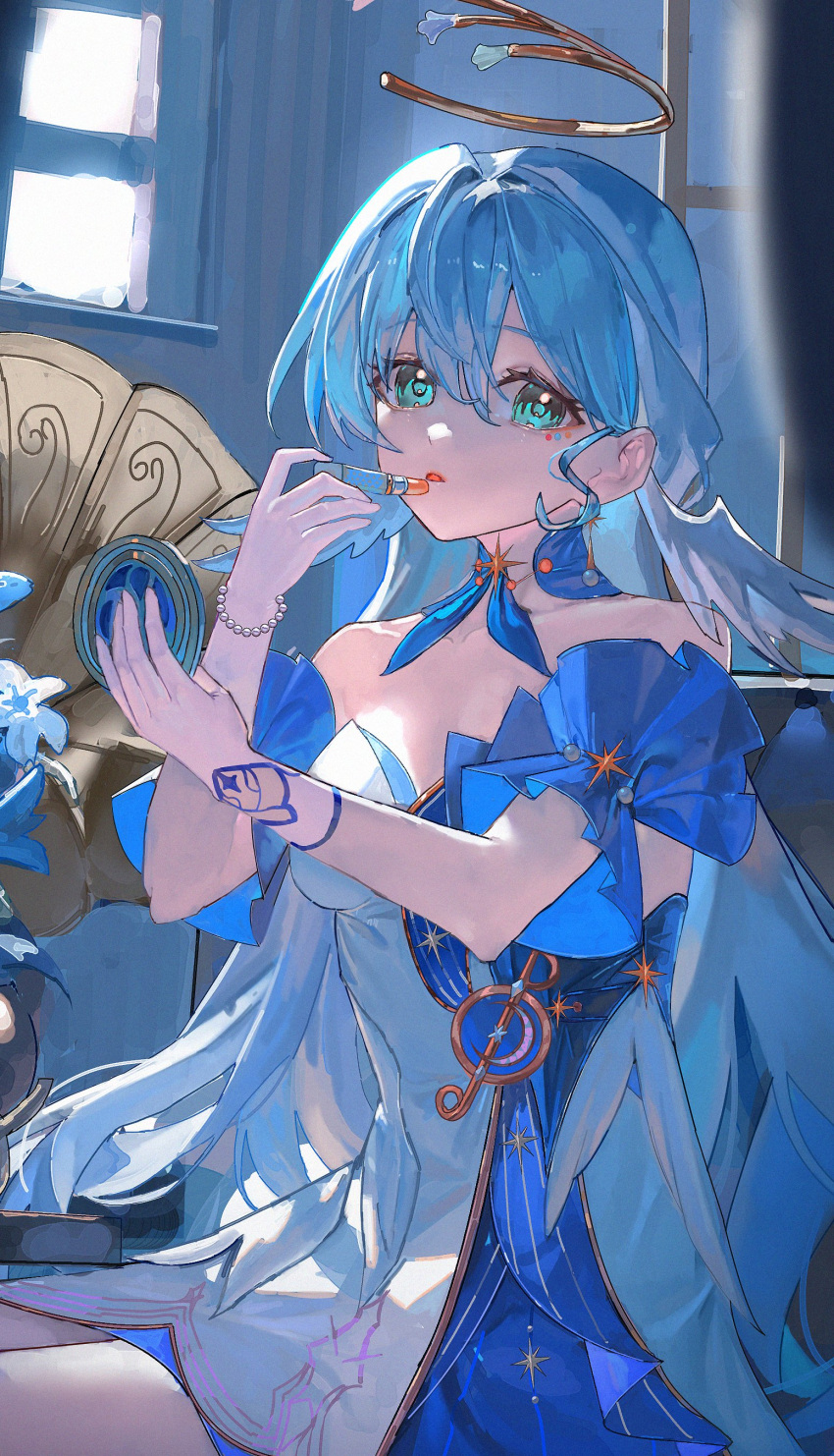 1girl absurdres aqua_eyes armlet asymmetrical_gloves bare_shoulders blue_hair cosmetics detached_sleeves dress earrings gloves halo hands_up head_wings highres holding holding_lipstick_tube holding_mirror honkai:_star_rail honkai_(series) iinagi_(kashiwa_keira) indoors jewelry lipstick lipstick_tube long_hair looking_at_viewer makeup mirror parted_lips robin_(honkai:_star_rail) short_sleeves sitting solo two-tone_dress uneven_gloves white_dress white_gloves white_wings wings