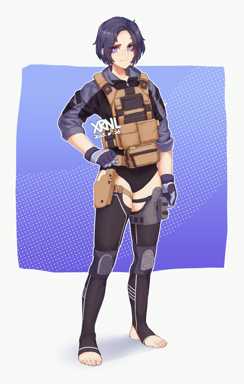 1girl 2023 absurdres ammunition_pouch asymmetrical_legwear black_panties black_thighhighs blue_eyes blue_jacket body_armor dated english_commentary feet gloves highres hip_vent holster jacket knee_pads looking_at_viewer medium_hair messy_hair multicolored_clothes multicolored_jacket original pale_skin panties pouch signature sleeves_rolled_up smug soldier solo stirrup_legwear tactical_clothes tarola_(xrnl2018) thick_thighs thighhighs thighs toeless_legwear toenails toes two-tone_jacket underwear white_background xrnl2018