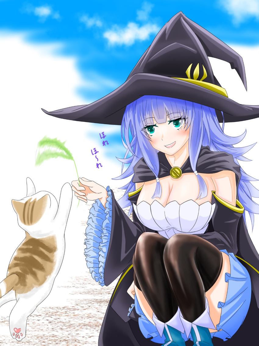 1girl ankle_boots black_robe black_thighhighs blue_footwear blue_hair boots breasts cat charlotte_wraith cleavage cloud cloudy_sky dress eyebrows_hidden_by_hair green_eyes hair_between_eyes hat highres holding_cat_teaser large_breasts large_hat light_blush long_hair looking_at_animal open_mouth robe sheepa_illust sky smile solo squatting strapless strapless_dress tensei_kizoku_kantei_skill_de_nariagaru thighhighs white_dress wide_sleeves witch_hat