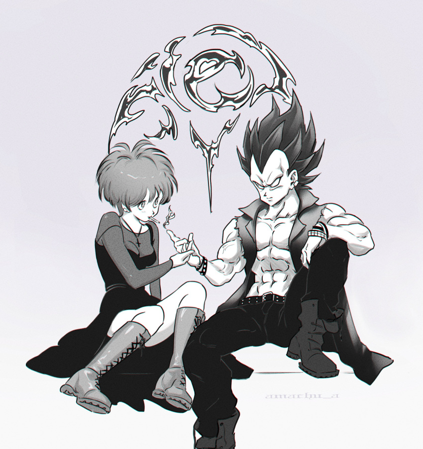 1boy 1girl abs absurdres alternate_costume alternate_hairstyle amachu_a artist_name bare_pectorals belt boots breasts bulma cigarette cleavage commentary cross cross_necklace dragon_ball dragon_ball_super earrings english_commentary goth_fashion greyscale highres jewelry medium_breasts monochrome multiple_bracelets muscular muscular_male necklace no_eyebrows pectorals see-through see-through_cleavage single_earring smoking torn_vest ultra_ego_(dragon_ball) vegeta widow's_peak