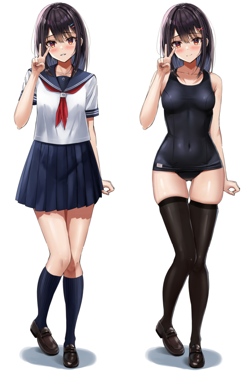 1girl ass_visible_through_thighs black_hair black_one-piece_swimsuit black_sailor_collar black_skirt black_socks black_thighhighs breasts brown_footwear commentary_request full_body highres loafers medium_breasts medium_hair multiple_views neckerchief old_school_swimsuit one-piece_swimsuit original pleated_skirt red_eyes red_neckerchief sailor_collar school_swimsuit school_uniform serafuku shirt shoes skirt socks standing swimsuit thigh_gap thighhighs white_shirt yukemuriganmo
