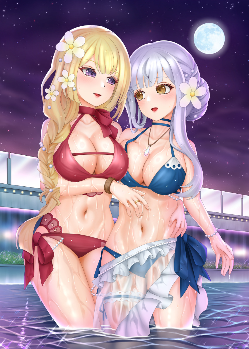 2girls arm_around_waist arm_at_side assault_lily bangle bare_arms bare_shoulders bikini blonde_hair blue_bikini blue_choker blunt_bangs blunt_ends blush bracelet braid braided_ponytail breasts choker cleavage collarbone commentary_request cowboy_shot eye_contact flower frilled_sarong frills full_moon grey_hair hair_bun hair_flower hair_ornament halterneck hand_on_another's_stomach hand_on_another's_waist hands_up highres imai_tomohiro jewelry kon_kanaho large_breasts long_hair looking_at_another looking_to_the_side low_ponytail miyagawa_takane moon multiple_girls navel necklace night night_sky official_alternate_costume official_alternate_hairstyle outdoors pearl_bracelet pearl_hair_ornament pendant pool purple_eyes red_bikini ring sarong see-through see-through_sarong side-by-side side-tie_bikini_bottom side_ponytail sidelocks sideways_glance single_braid single_hair_bun sky smile sparkle standing star_(sky) stomach swimsuit very_long_hair wading water wet white_flower white_sarong yellow_eyes yuri