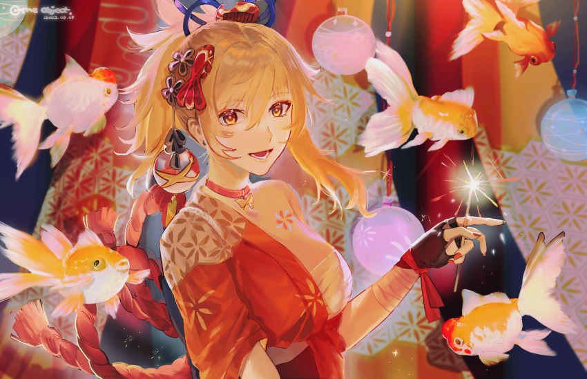 1girl absurdres bandaged_arm bandages black_gloves blonde_hair butterfly_choker chest_sarashi choker commentary_request dated fingerless_gloves fireworks fish flower_tattoo flying_fish genshin_impact gloves hadanugi_dousa hair_between_eyes highres holding_fireworks japanese_clothes kimono long_hair looking_at_viewer open_mouth orange_choker orange_eyes orange_kimono red_nails rope sarashi shimenawa single_bare_shoulder smile solo sparkler t.o. tattoo upper_body yoimiya_(genshin_impact)