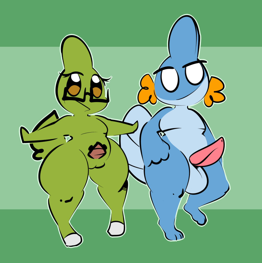 1-upclock aged_down anthro balls big_penis blue_body duo eyewear feet female flat_chested generation_2_pokemon generation_3_pokemon genitals glasses green_body hi_res larvitar male male/female mira_(1-upclock) mudkip nintendo penis pokemon pokemon_(species) smile tail thick_thighs xavier_(1-upclock)