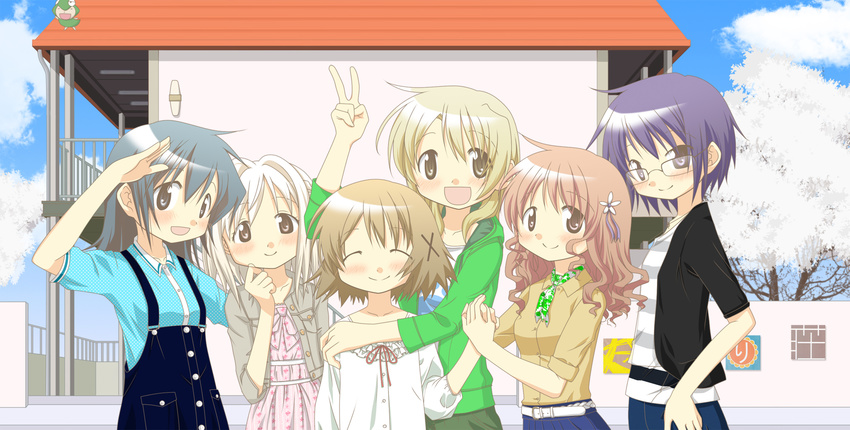 alternate_hairstyle aozora_(syun8823) bad_id bad_pixiv_id blonde_hair blue_hair brown_hair casual flower hair_down hair_flower hair_ornament hairclip hidamari_sketch highres hiro holding_hands miyako multiple_girls nazuna nori sae smile ume-sensei v white_hair yuno