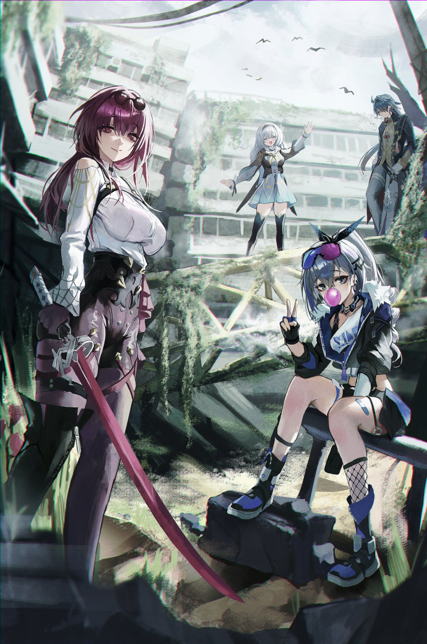 1boy 3girls :d absurdres asymmetrical_sleeves bandaged_hand bandaged_leg bandages bandaid bandaid_on_leg bare_shoulders black_bow black_choker black_footwear black_gloves black_hair black_hairband black_jacket black_shorts blade_(honkai:_star_rail) blue-tinted_eyewear boots bow breasts chinese_clothes choker closed_eyes clothing_cutout collarbone collared_shirt commentary crop_top crossed_bangs dotthebot drill_hair drill_ponytail english_commentary eyewear_on_head fingerless_gloves firefly_(honkai:_star_rail) fishnets fur-trimmed_jacket fur_trim gloves gradient-tinted_eyewear green_skirt green_thighhighs grey_eyes grey_hair grey_pants hair_behind_ear hair_between_eyes hair_bow hair_ornament hairband hairclip high-waist_shorts highres holding holding_sword holding_weapon honkai:_star_rail honkai_(series) jacket kafka_(honkai:_star_rail) katana large_breasts long_hair looking_at_viewer low_ponytail midriff multiple_girls necktie open_clothes open_jacket pants pantyhose pantyhose_under_shorts purple-tinted_eyewear purple_eyes purple_hair purple_pantyhose round_eyewear shirt shorts shoulder_cutout sidelocks silver_wolf_(honkai:_star_rail) single_thigh_boot sitting skirt smile spider_web_print sunglasses sword thigh_boots thighhighs tinted_eyewear v waving weapon white_shirt white_sleeves yellow_necktie