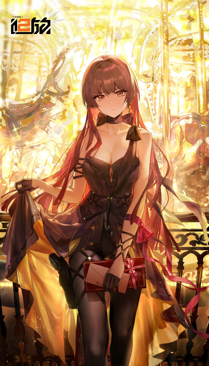 1girl absurdres black_dress black_gloves black_pantyhose box breasts chinese_commentary cleavage closed_mouth commentary_request copyright_name cowboy_shot dress gift gift_box girls'_frontline girls'_frontline_2:_exilium gloves gun half_gloves handgun highres holding holding_box holding_gift holding_letter holster letter logo long_hair looking_at_viewer official_alternate_costume official_art pantyhose pink_ribbon purple_hair red_eyes ribbon skirt_hold solo straight-on thigh_holster wa2000_(ballroom_interlude)_(girls'_frontline) wa2000_(girls'_frontline) weapon