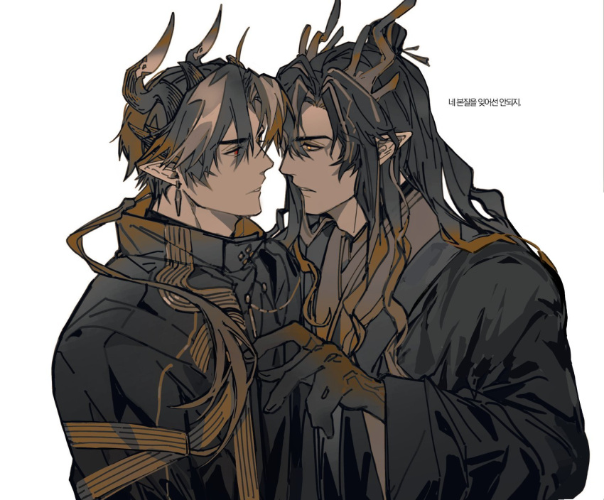 2boys antlers arknights brothers brown_hair chinese_clothes chong_yue_(arknights) coat commentary_request dragon_boy dragon_horns earrings hair_over_shoulder hand_up highres horns incest jewelry korean_commentary korean_text long_hair long_sleeves looking_at_another low_ponytail male_focus minal10101 multicolored_hair multiple_boys parted_lips pointy_ears red_eyes siblings simple_background streaked_hair translation_request upper_body white_background wide_sleeves yaoi yellow_eyes zhi_(arknights)