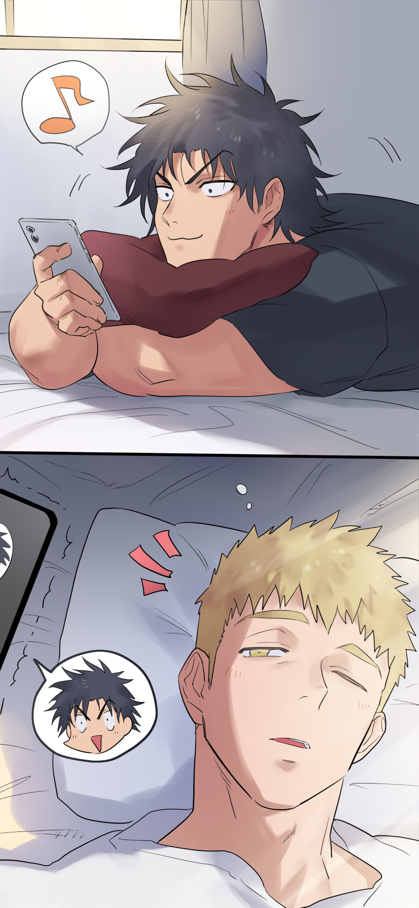 2boys absurdres bara bed black_hair blonde_hair haiki_(tegusu) highres holding holding_phone indoors looking_at_phone lying male_focus multiple_boys muscular muscular_male musical_note on_back on_bed on_stomach one_eye_closed original phone pillow short_hair yaoi