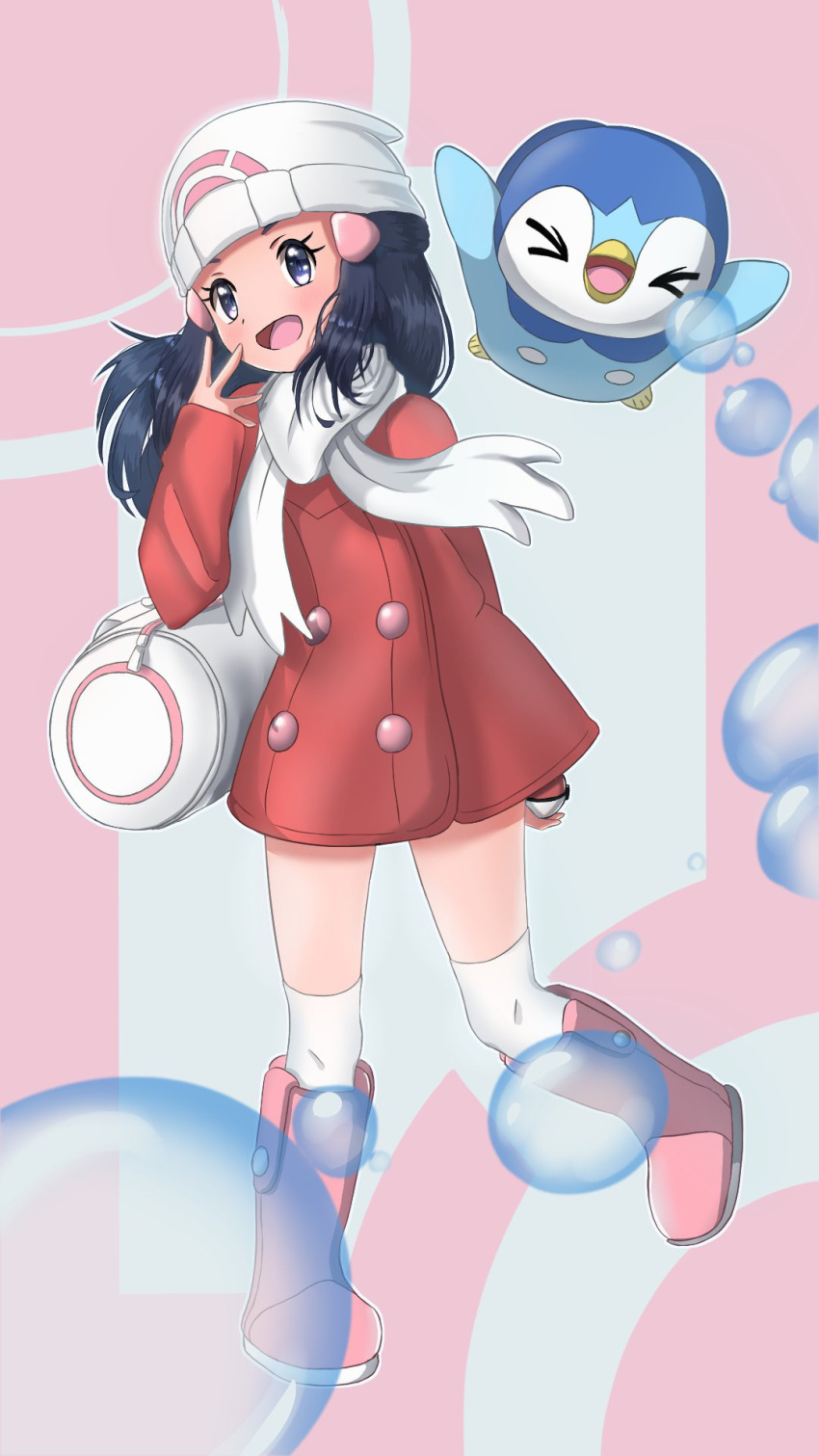 1girl :d bag beanie black_hair boots coat commentary_request dawn_(pokemon) duffel_bag eyelashes grey_eyes hair_ornament hairclip hand_up happy hat highres holding holding_poke_ball long_hair long_sleeves open_mouth over-kneehighs pink_footwear piplup poke_ball poke_ball_(basic) pokemon pokemon_(creature) pokemon_dppt pokemon_platinum raskorid red_coat scarf sidelocks smile thighhighs tongue white_bag white_hat white_scarf