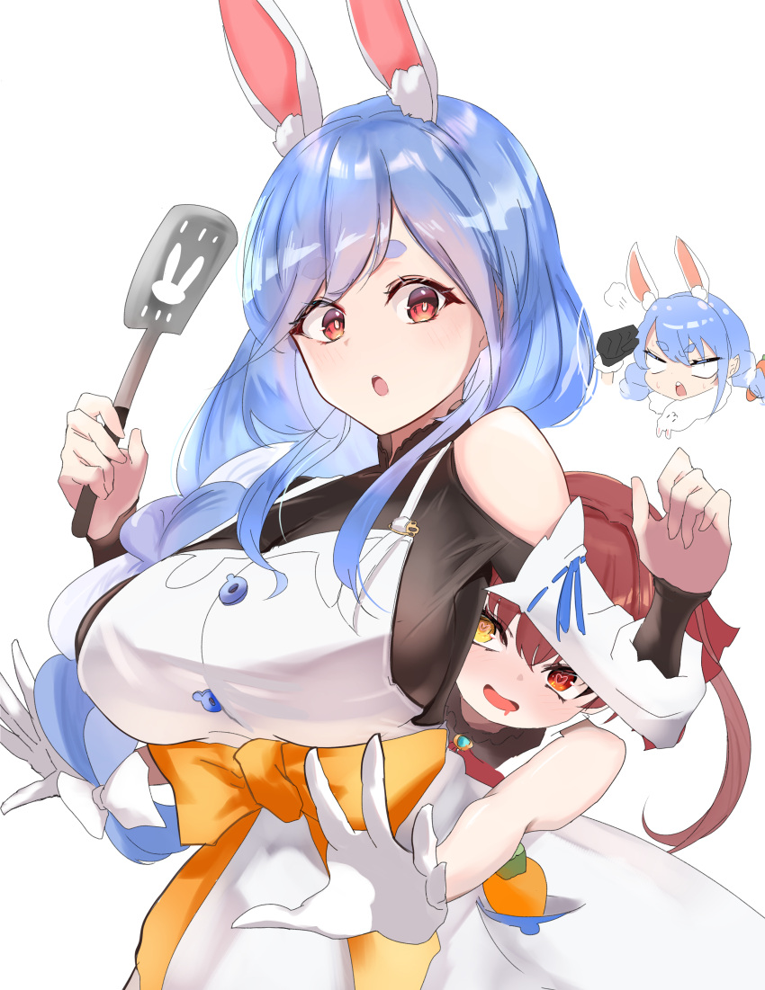 3girls :o absurdres angry animal_ear_fluff animal_ears animal_scarf apron arm_up black_gloves black_leotard blank_eyes blue_hair blush bow bow_apron braid braided_ponytail braided_twintails breasts carrot_in_pocket chibi chibi_inset commentary_request cowboy_shot dot_nose drooling extra_ears frilled_shirt_collar frills full-face_blush fur-trimmed_gloves fur_trim gloves hair_between_eyes hair_bow hair_over_shoulder hands_up head_steam heterochromia highres holding holding_spatula hololive houshou_marine hug hug_from_behind kitchen kuwapu12 large_breasts leotard light_blue_hair light_blush long_hair looking_at_another mouth_drool multicolored_eyes multicolored_hair multiple_girls open_mouth orange_bow outstretched_arms pekomama rabbit_ears red_eyes red_hair see-through see-through_leotard short_eyebrows short_hair single_bare_shoulder spatula speech_bubble sweat teeth twintails upper_teeth_only usada_pekora white_apron white_bow white_gloves white_hair white_sleeves yellow_eyes