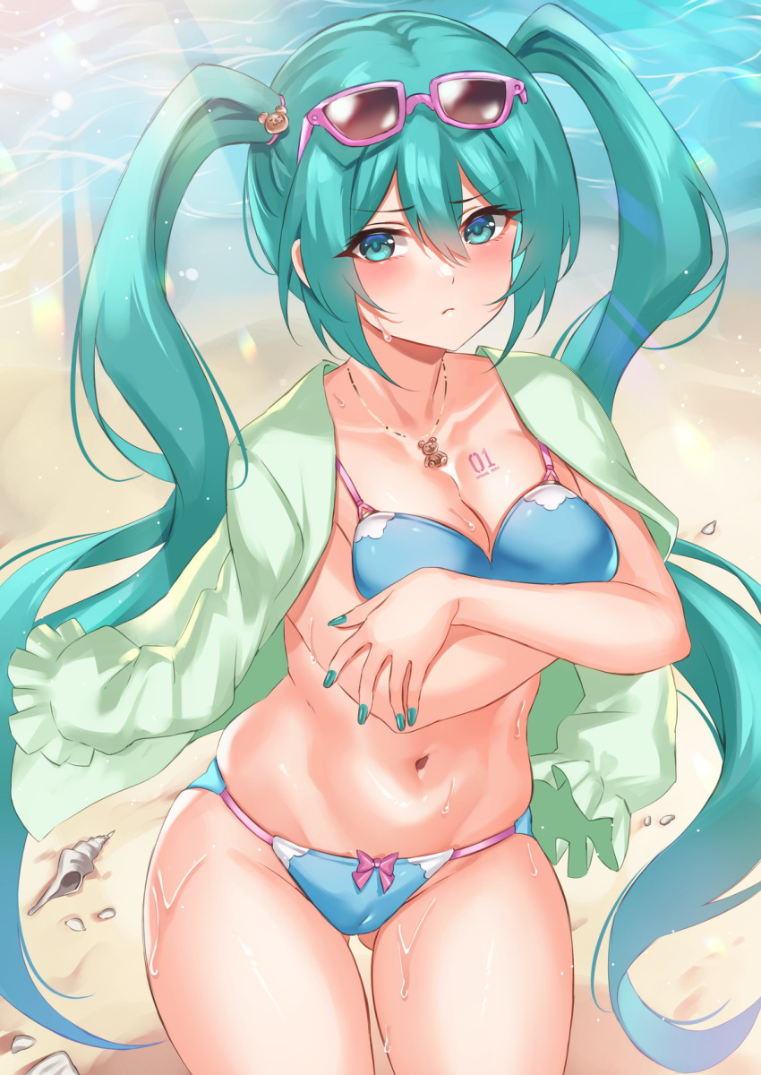 1girl :&lt; ass_visible_through_thighs beach bear_necklace bikini blue_bikini blue_eyes blue_hair blush breast_tattoo breasts cleavage collarbone commentary_request crossed_arms day hair_between_eyes hatsune_miku highres inue_ao jewelry long_hair looking_at_viewer medium_breasts navel necklace number_tattoo ocean outdoors sand seashell shell shirt shirt_on_shoulders skindentation solo standing stomach sunglasses sunlight swimsuit tattoo thigh_gap thighs twintails very_long_hair vocaloid water wet white_shirt