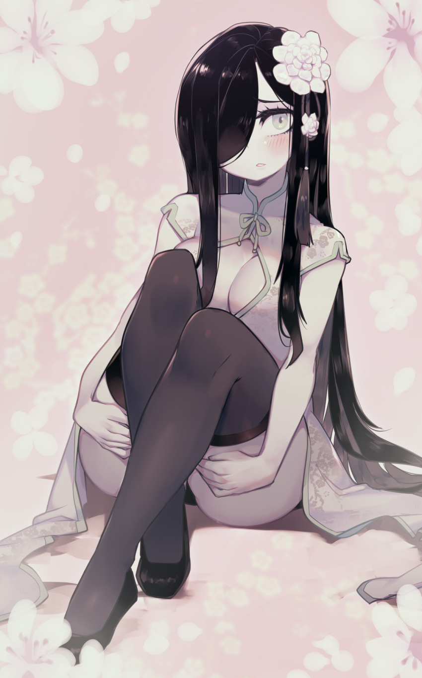 1girl aria_wintermint ass black_footwear black_hair black_panties black_thighhighs blush breasts china_dress chinese_clothes cleavage cleavage_cutout clothing_cutout dress floral_background floral_print flower green_eyes green_ribbon hair_flower hair_ornament hands_on_own_thighs highres large_breasts legs long_hair looking_at_viewer neck_ribbon on_floor panties parororo ribbon sideboob smile solo_focus swept_bangs the_crawling_city thighhighs underwear very_long_hair white_dress white_flower