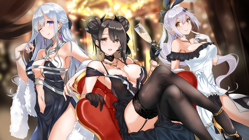 3girls agent_(girls'_frontline) ak-12_(girls'_frontline) ak-12_(quiet_azure)_(girls'_frontline) black_dress black_gloves black_hair black_socks blue_dress bracelet breasts couch crossed_legs cup dress earrings fatkewell five-seven_(girls'_frontline) girls'_frontline gloves grey_hair hair_ribbon high_heels highres holding holding_cup jewelry lights long_hair multicolored_nails multiple_girls nail_polish navel necklace no_bra on_couch one_eye_closed open_clothes open_dress plunging_neckline purple_eyes ribbon ring sitting smile smiley_face socks standing thighs white_dress white_gloves yellow_eyes