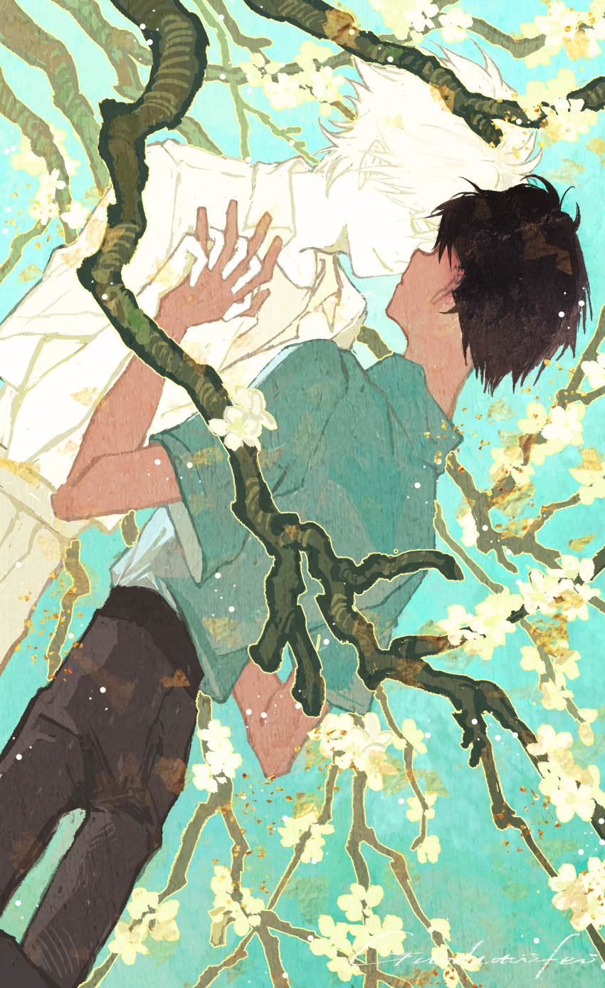 2boys absurdres blue_background branch brown_hair brown_pants cherry_blossoms closed_eyes closed_mouth collared_shirt cowboy_shot face-to-face flower from_behind heads_together highres holding_hands ikari_shinji imminent_kiss interlocked_fingers light_smile multiple_boys nagisa_kaworu neon_genesis_evangelion pale_skin pants shirt short_hair short_sleeves signature white_flower white_hair white_shirt white_sleeves yaoi zeyuyantianyu