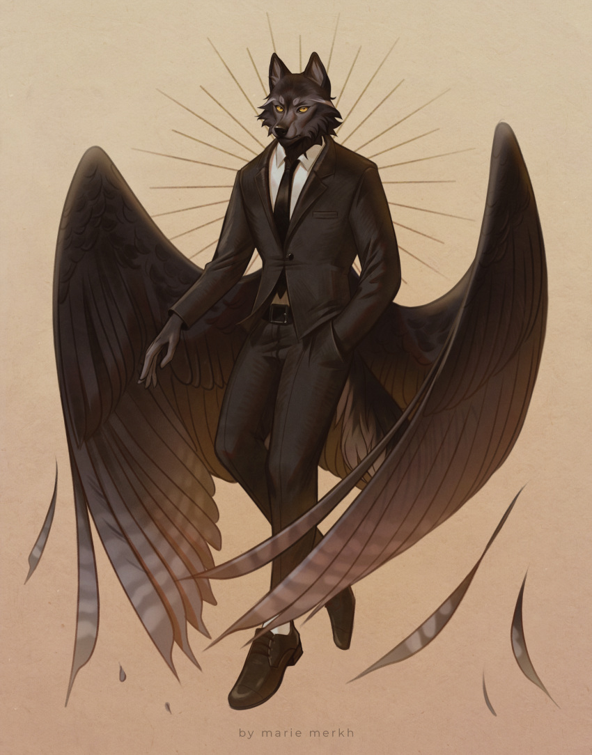 anthro artist_name black_jewelry black_necklace bottomwear canid clothed clothing feathered_wings feathers fur grey_body grey_bottomwear grey_clothing grey_fur grey_pants grey_topwear grey_wings hi_res jewelry looking_at_viewer male mammal marie_merkh mouth_closed necklace pants simple_background solo topwear white_clothing white_topwear wings yellow_eyes