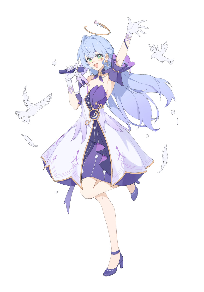 1girl absurdres aqua_eyes arm_up armpits bare_shoulders bird blue_hair bracelet breasts cleavage detached_sleeves dress earrings facial_mark full_body gloves hair_between_eyes halo head_wings high_heels highres holding holding_microphone honkai:_star_rail honkai_(series) jewelry looking_at_viewer microphone open_mouth purple_dress purple_footwear robin_(honkai:_star_rail) short_sleeves simple_background smile solo standing standing_on_one_leg white_background white_dress white_gloves wings yue_liii