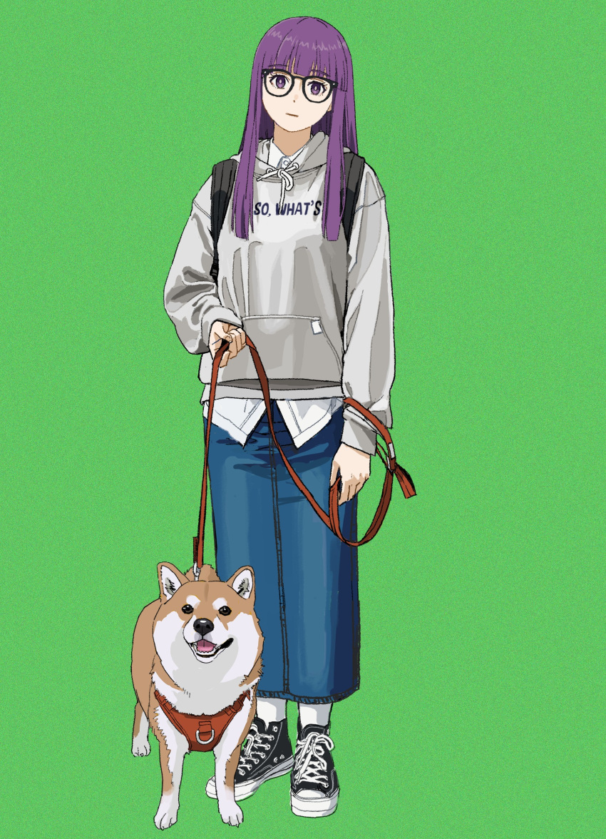 1girl absurdres alternate_costume black_footwear blunt_bangs closed_mouth dog fern_(sousou_no_frieren) glasses green_background hair_between_eyes highres holding holding_leash leash long_hair looking_at_viewer purple_eyes purple_hair shiren_(ourboy83) sidelocks simple_background solo sousou_no_frieren standing