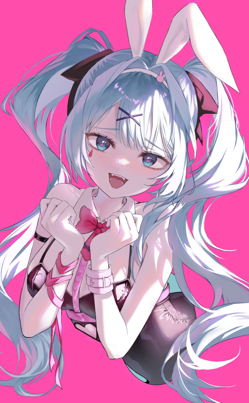 1girl absurdres animal_ear_hairband animal_ears arin_art bare_shoulders black_leotard blue_eyes blue_hair blush bracelet breasts clothing_cutout detached_collar eyelashes facial_mark fake_animal_ears fingernails hair_between_eyes hair_ornament hairband hairclip hatsune_miku heart heart-shaped_pupils heart_cutout highres jewelry leotard looking_at_viewer medium_breasts nontraditional_playboy_bunny open_mouth pink_background pink_pupils pink_ribbon playboy_bunny rabbit_ear_hairband rabbit_ears rabbit_hair_ornament rabbit_hole_(vocaloid) ribbon simple_background solo solo_focus spaghetti_strap symbol-shaped_pupils teardrop_facial_mark teeth through_wall tongue twintails white_hairband wispy_bangs wrist_ribbon