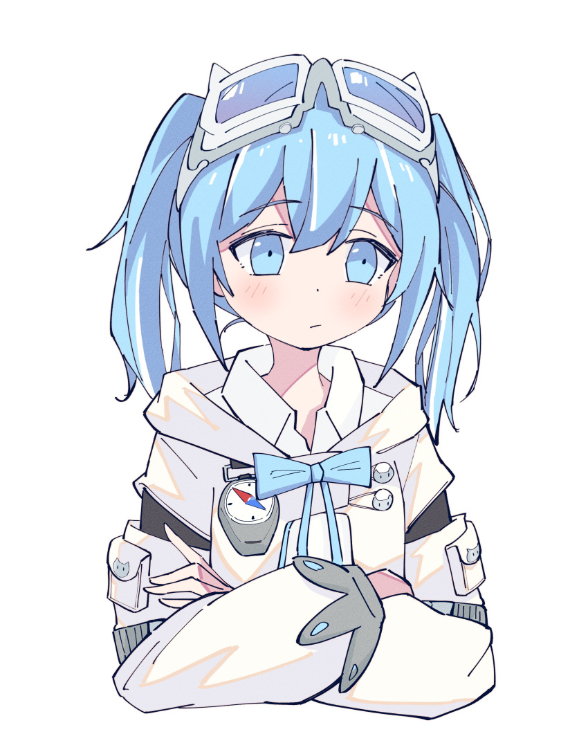 1girl :/ absurdres arahashi_tabi arm_cutout arm_pouch averting_eyes blue_bow blue_bowtie blue_eyes blue_hair blush bow bowtie closed_mouth collared_shirt commentary_request compass cropped_torso crossed_arms dot_nose double-parted_bangs goggles goggles_on_head highres hood hood_down hooded_jacket jacket long_sleeves medium_hair morphling_(artist) raised_eyebrows shirt sidelocks simple_background solo stellive thick_eyelashes twintails virtual_youtuber white_background white_jacket white_shirt
