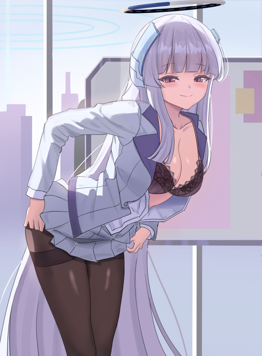 1girl absurdres black_bra black_pantyhose blue_archive blue_halo blunt_bangs bra breasts cleavage closed_mouth cowboy_shot doli halo highres indoors large_breasts leaning_forward long_hair long_sleeves looking_at_viewer multicolored_halo noa_(blue_archive) open_clothes open_shirt pantyhose purple_eyes shirt skirt smile solo two-tone_halo underwear very_long_hair white_hair white_halo white_shirt white_skirt