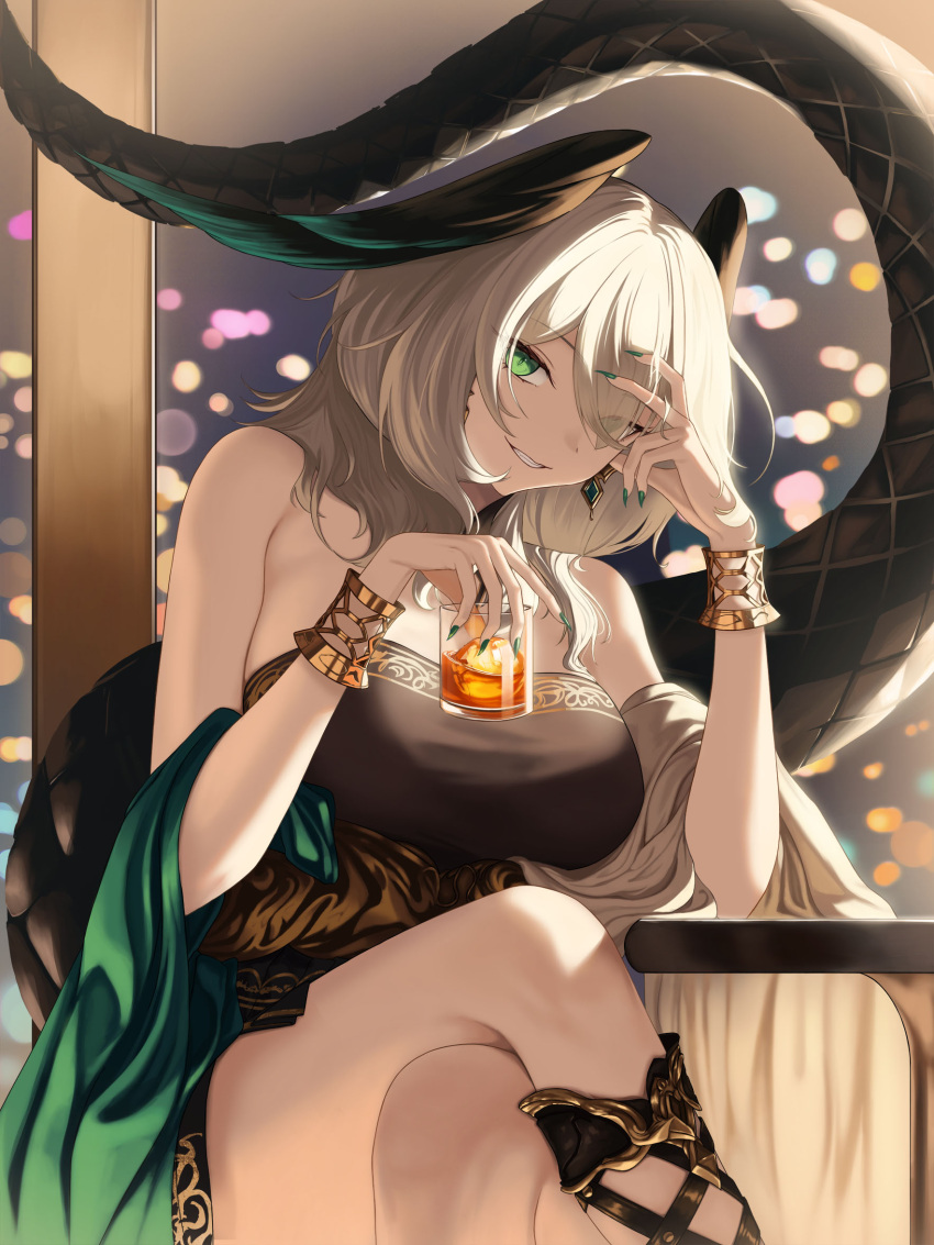 1girl ambience_synesthesia arknights bare_shoulders black_dress black_feathers bracelet breasts commentary crossed_legs cup dress drinking_glass earrings feathers feet_out_of_frame fingernails green_eyes green_feathers green_nails grey_hair hair_over_one_eye hands_up head_wings highres ho'olheyak_(arknights) ho'olheyak_(carriage_of_the_winds_of_time)_(arknights) holding holding_cup jewelry large_breasts looking_at_viewer medium_hair muwon official_alternate_costume sharp_fingernails shawl sitting smile snake_tail solo strapless strapless_dress tail thighs wings