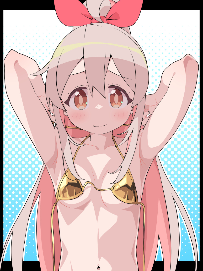 1girl absurdres ahoge armpits arms_behind_head arms_up bare_arms bikini black_border border breasts brown_eyes collarbone colored_inner_hair commentary gold_bikini grey_hair hair_between_eyes hair_ribbon high_ponytail highres light_blush long_hair looking_at_viewer multicolored_hair navel onii-chan_wa_oshimai! outline outside_border oyama_mahiro pink_hair red_ribbon ribbon simple_background small_breasts smile solo stomach straight-on swimsuit two-tone_hair u_illustrator untied_bikini upper_body white_outline