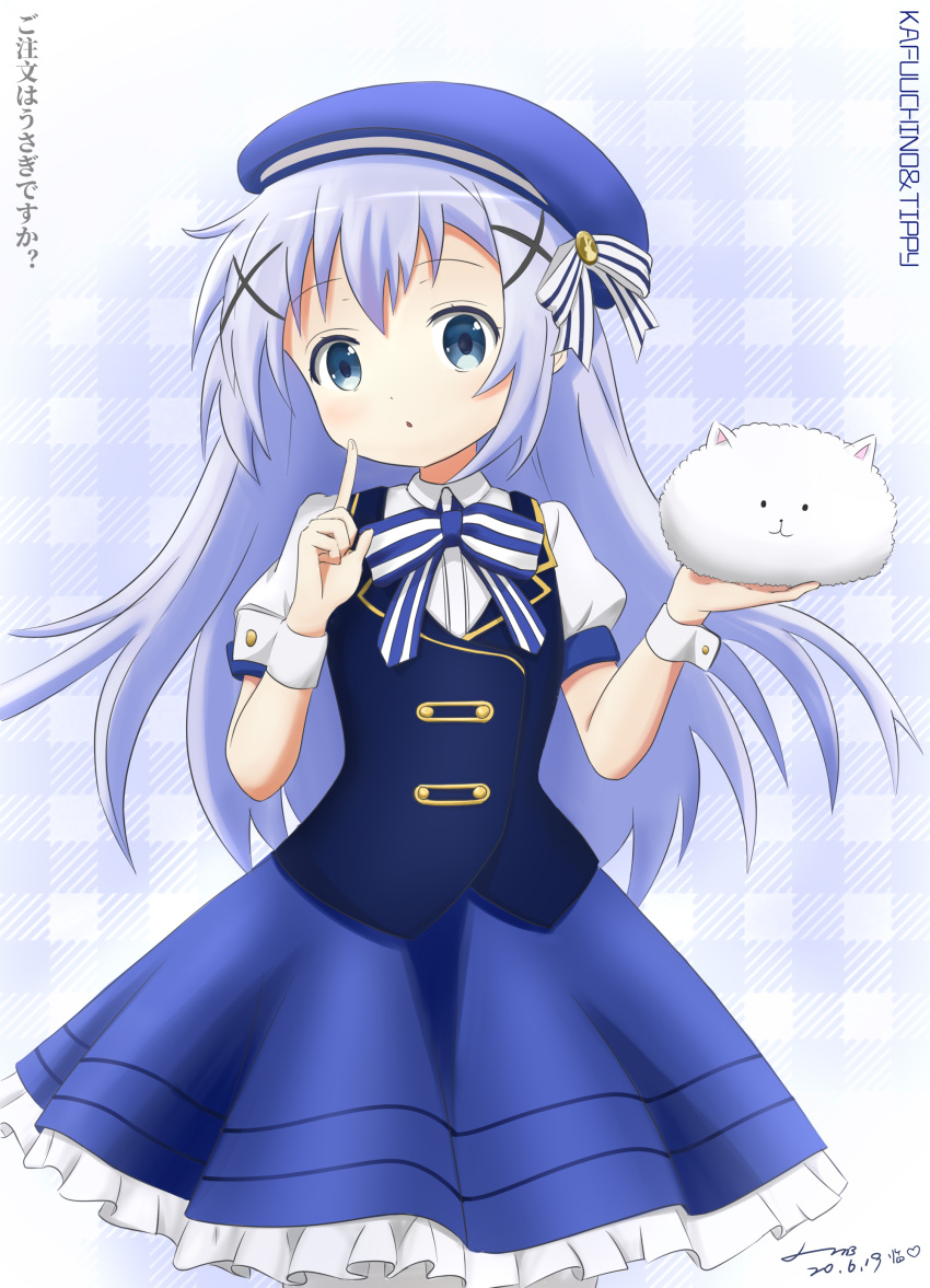 1girl :o absurdres angora_rabbit animal artist_name beret blue_bow blue_dress blue_eyes blue_hair blue_hat bow character_name commentary_request copyright_name dated dress gochuumon_wa_usagi_desu_ka? hair_ornament hat hat_bow highres holding holding_animal index_finger_raised kafuu_chino long_hair looking_at_viewer open_mouth painter-lhb puffy_short_sleeves puffy_sleeves rabbit short_sleeves signature solo striped_bow tippy_(gochiusa) translated white_bow wrist_cuffs