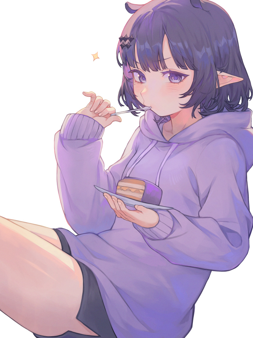 1girl absurdres alternate_costume black_shorts blunt_bangs blush bob_cut cake cake_slice curly_hair eating food highres holding holding_plate holding_spoon hololive hololive_english hood hoodie kiwwwwwi knees_out_of_frame looking_at_viewer mole mole_under_eye ninomae_ina'nis plate pointy_ears purple_eyes purple_hair purple_hoodie short_hair short_shorts shorts simple_background sitting sleeves_past_wrists solo spoon star_(symbol) v-shaped_eyebrows virtual_youtuber white_background