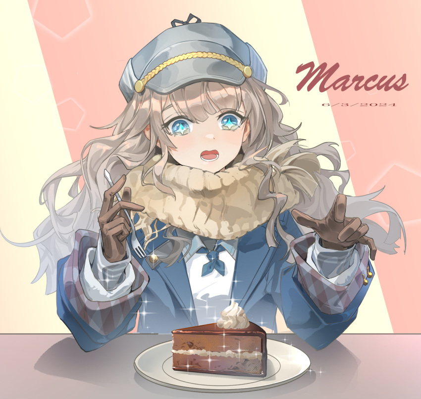 1girl :o blue_coat blue_eyes blue_neckerchief brown_gloves brown_hair brown_scarf cabbie_hat cake cake_slice character_name coat curly_hair dated dress facing_viewer food fork gloves gradient_background grey_hat hands_up hat highres holding holding_fork long_hair long_sleeves looking_down marcus_(reverse:1999) neckerchief open_mouth pink_background plate reverse:1999 sachertorte_(food) scarf solo sparkle straight-on teeth two-tone_background upper_body upper_teeth_only white_dress yan_jing_tian yellow_background