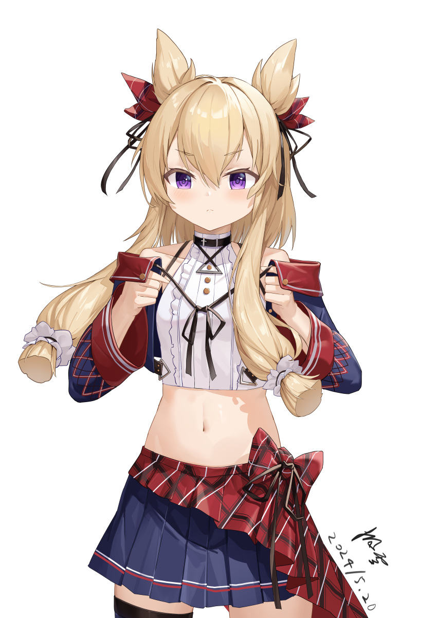 1girl absurdres azur_lane blonde_hair cowboy_shot crop_top cropped_jacket dated fengxue hair_ears highres idol midriff navel off-shoulder_jacket off_shoulder official_alternate_costume pleated_skirt pleated_sleeves purple_eyes shirt short_hair_with_long_locks signature single_thighhigh skirt sleeveless sleeveless_shirt thighhighs warspite_(azur_lane) warspite_(under_pleasure)_(azur_lane) white_background