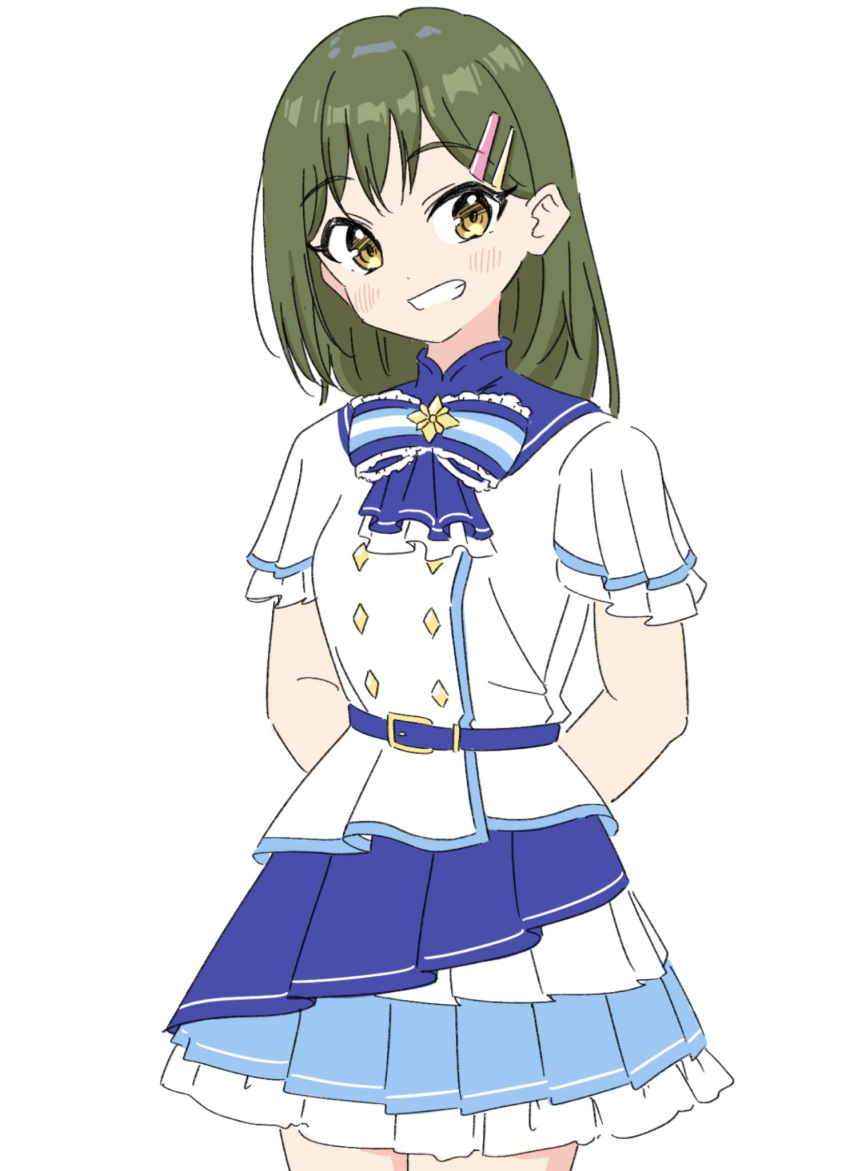 1girl 365_days_(love_live!) alternate_costume arms_behind_back ascot belt blue_ascot blue_belt blue_ribbon blue_skirt blush buttons commentary_request cowboy_shot double-breasted green_hair grin hair_ornament hairclip highres layered_skirt link!_like!_love_live! llkapital long_hair looking_at_viewer love_live! miniskirt oogami_sachi ribbon shirt short_sleeves skirt smile solo straight_hair swept_bangs white_shirt yellow_eyes
