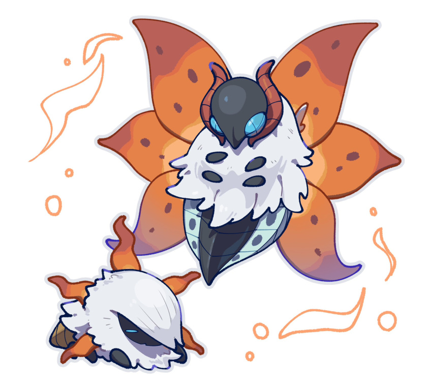 animal_focus blue_eyes bug closed_eyes commentary_request evolutionary_line grey_outline highres larvesta moth multiple_wings no_humans omochi_(omotimotittona3) orange_wings outline pokemon pokemon_(creature) simple_background volcarona white_background white_fur wings