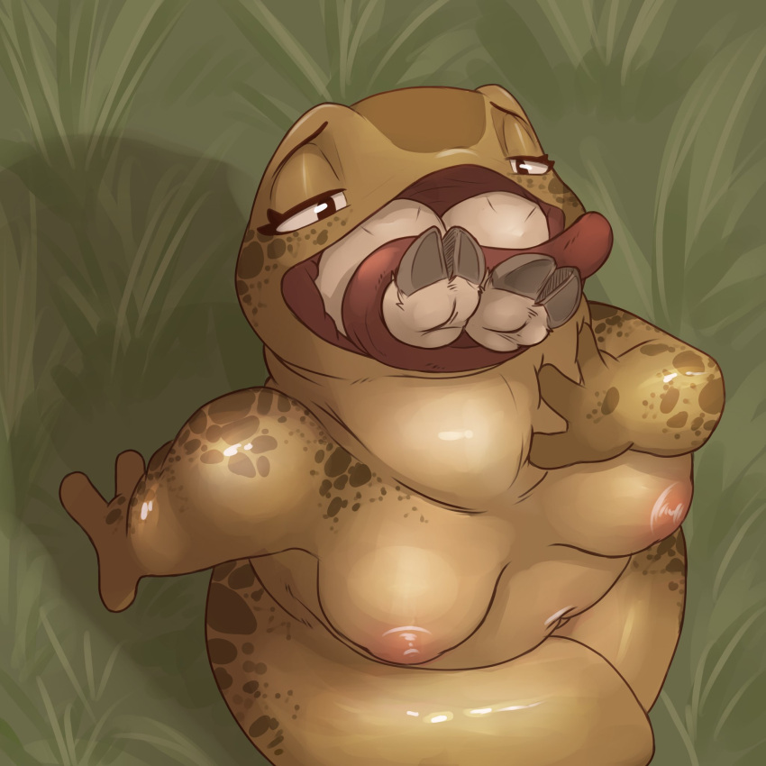 ambiguous_gender amphibian anthro breasts duo female frog grass hi_res hooves mammal neck_bulge neemyart nipples oral_vore plant swallowing tongue_wrap vore