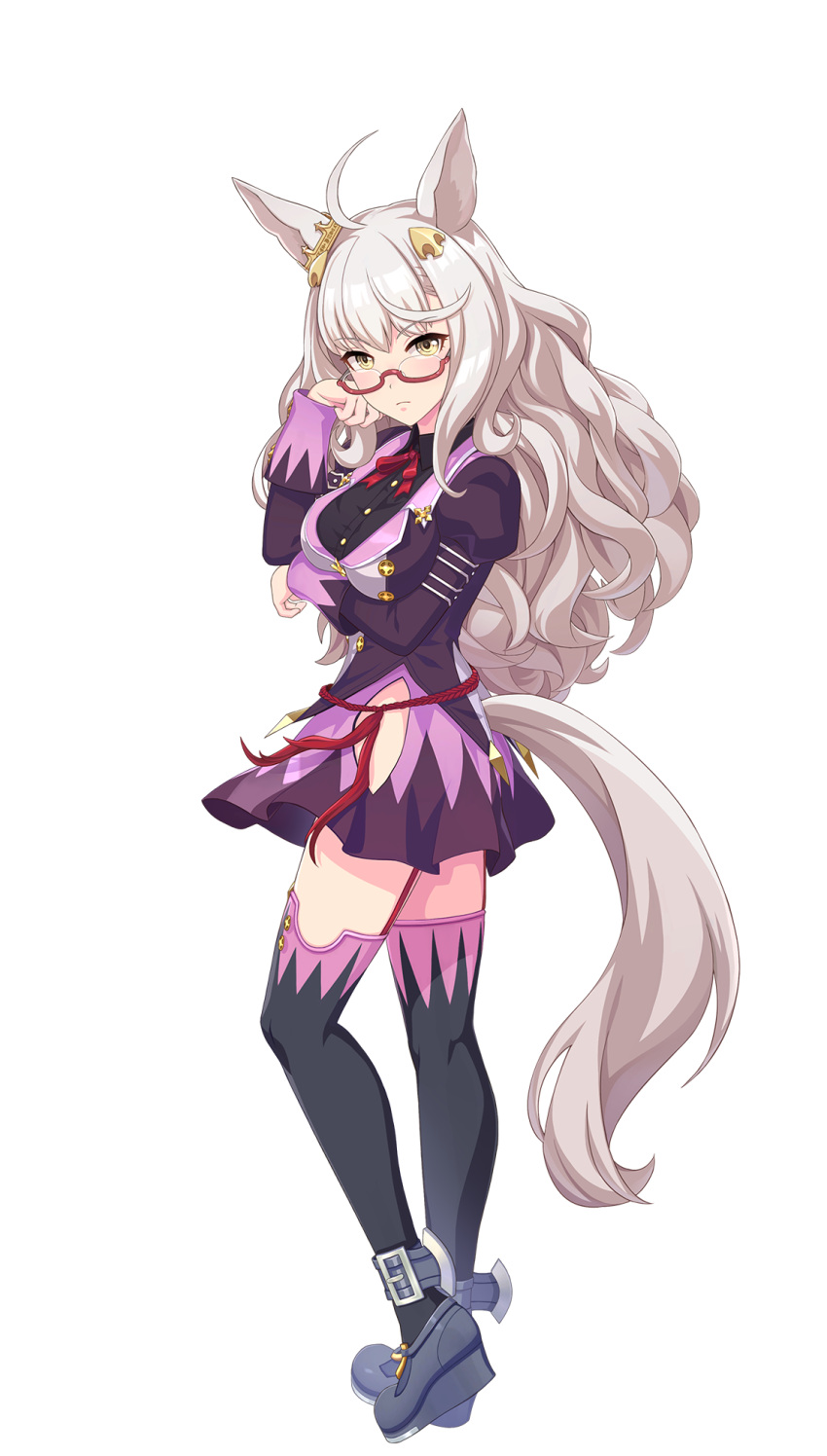 1girl ahoge animal_ears anklet arm_under_breasts bad_link big_hair biwa_hayahide_(umamusume) black_footwear black_shirt black_thighhighs breasts buttons closed_mouth collared_shirt cross double-breasted ear_ornament frown full_body game_model glasses hair_between_eyes hair_ornament head_rest highres hip_vent horse_ears horse_girl horse_tail jacket jewelry juliet_sleeves large_breasts legs long_hair long_sleeves looking_at_viewer miniskirt neck_ribbon platform_footwear pleated_skirt puffy_sleeves purple_jacket purple_skirt red-framed_eyewear red_ribbon ribbon semi-rimless_eyewear shirt skirt sleeve_cuffs solo spade_(shape) standing tachi-e tail thighhighs thighs transparent_background umamusume under-rim_eyewear very_long_hair wavy_hair white_hair white_jacket yellow_eyes zettai_ryouiki
