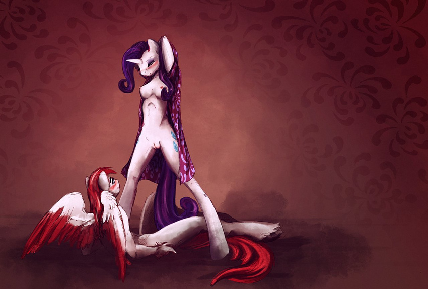 2011 anthro anthrofied blush breasts cosmicunicorn duo equine female friendship_is_magic fur hair hands_behind_head hooves horn iram male mammal my_little_pony nude original_character pegasus purple_hair pussy rarity rarity_(mlp) standing straight unicorn white_fur wings zero_(raptorc)