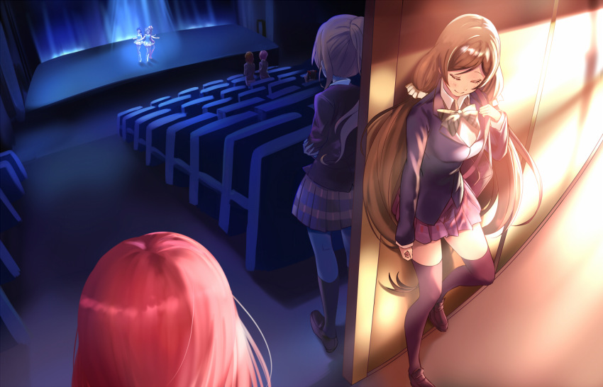 against_wall auditorium ayase_eli black_footwear blazer blonde_hair bow bowtie bunbun_(midukikome) commentary_request crossed_arms eyes_closed hair_ornament hair_scrunchie hallway hoshizora_rin indoors jacket kneehighs koizumi_hanayo kousaka_honoka loafers long_hair long_sleeves love_live! love_live!_school_idol_project minami_kotori multiple_girls nishikino_maki otonokizaka_school_uniform plaid plaid_skirt pleated_skirt red_hair scrunchie shoes short_hair skirt smile sonoda_umi spotlight stage standing standing_on_one_leg start:dash!! striped striped_neckwear thighhighs toujou_nozomi twintails very_long_hair yazawa_nico