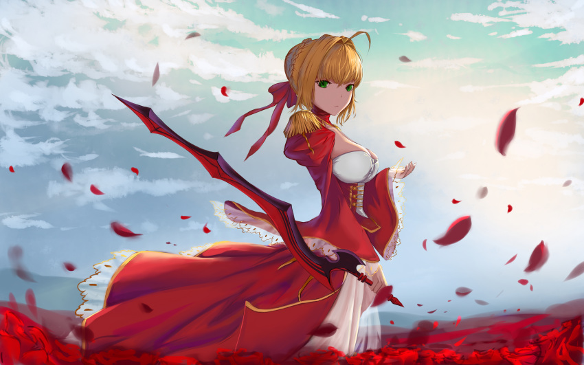 absurdres ahoge bangs blonde_hair bow braided_bun breasts cloud corset fate/extra fate_(series) flower from_side green_eyes hair_bow highres holding holding_sword holding_weapon huijin_zhi_ling long_skirt long_sleeves looking_at_viewer medium_breasts nero_claudius_(fate) nero_claudius_(fate)_(all) outdoors petals red_bow red_flower red_rose red_skirt red_sleeves rose rose_petals see-through short_hair sideboob skirt sky solo standing sword tied_hair weapon wide_sleeves