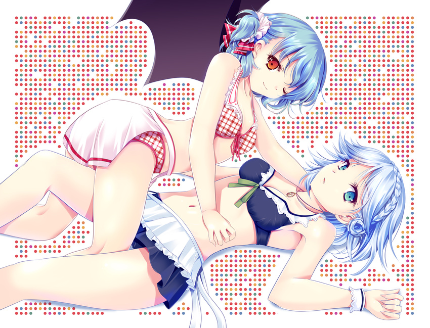 alternate_hairstyle aqua_eyes bat_wings bikini blue_eyes blue_hair braid cetera frills hair_ribbon hand_in_hair izayoi_sakuya jewelry looking_at_viewer lying multiple_girls navel necklace on_back one_eye_closed orange_eyes red_eyes remilia_scarlet ribbon short_hair swimsuit thigh_straddling touhou white_hair wings