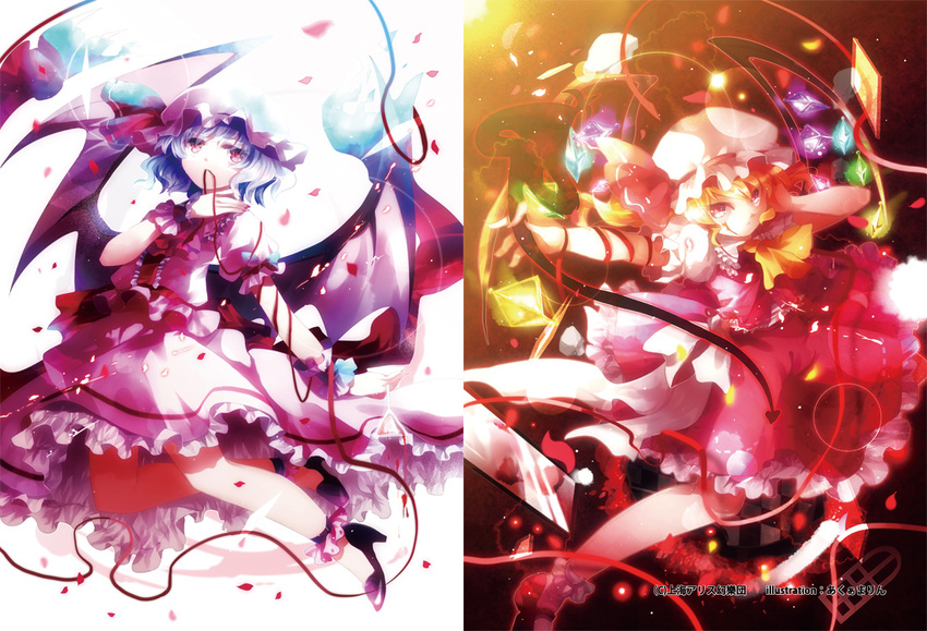 aquamarine ascot bat_wings blonde_hair blue_hair dress flandre_scarlet frills hat laevatein mouth_hold multiple_girls petals red_eyes remilia_scarlet ribbon short_hair siblings sisters touhou wings