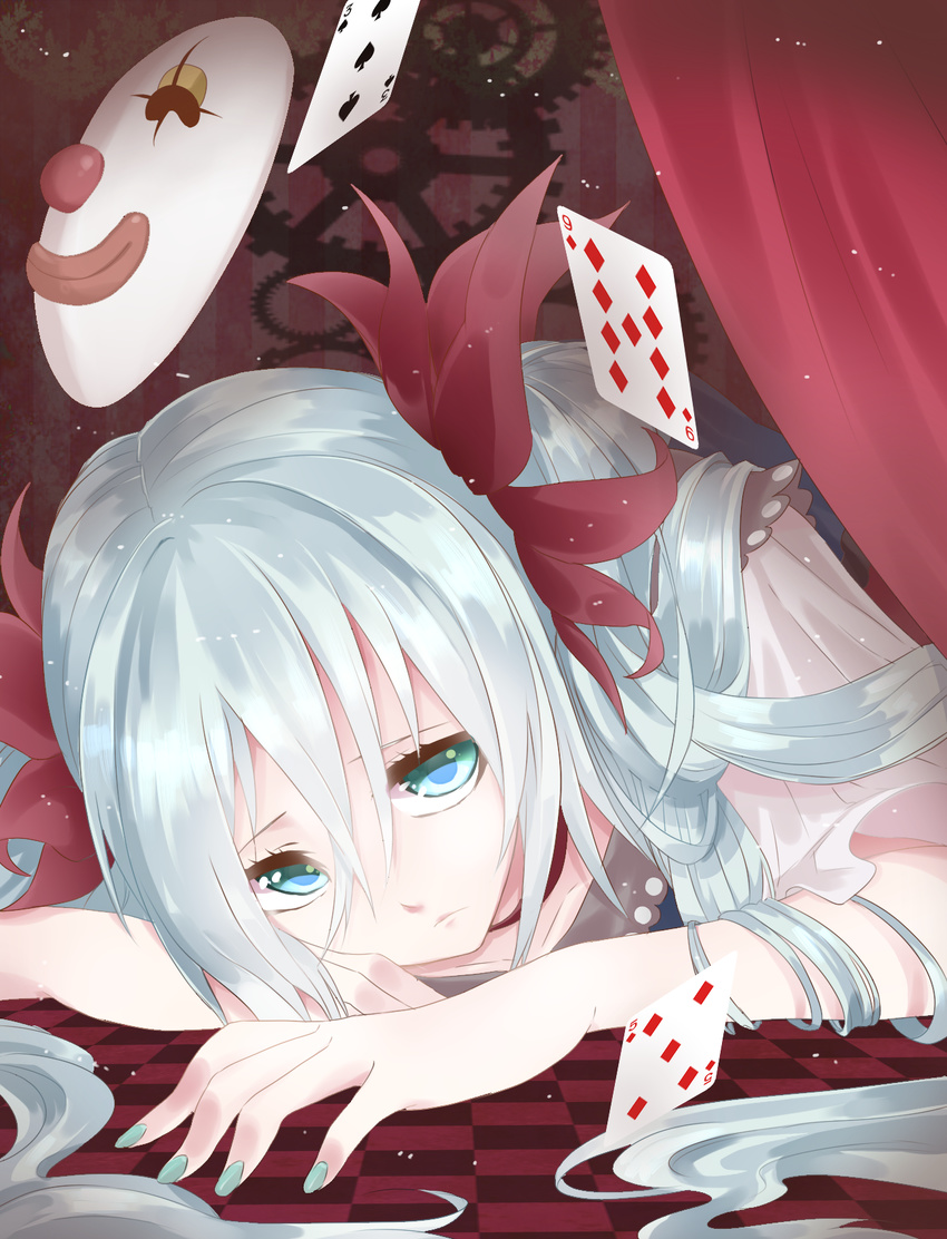 aqua_eyes aqua_hair bad_id bad_pixiv_id card checkered checkered_floor face falling_card hatsune_miku highres karakuri_pierrot_(vocaloid) li_sakura long_hair mask nail_polish solo vocaloid