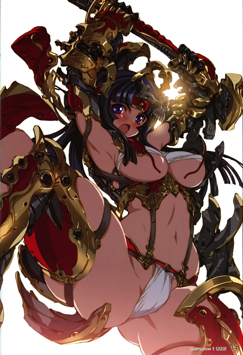 absurdres armor bikini_armor blush breasts gauntlets highres keuma large_breasts legs panties purple_eyes queen's_blade revealing_clothes solo spread_legs sword thighhighs thighs thong tomoe underboob underwear weapon