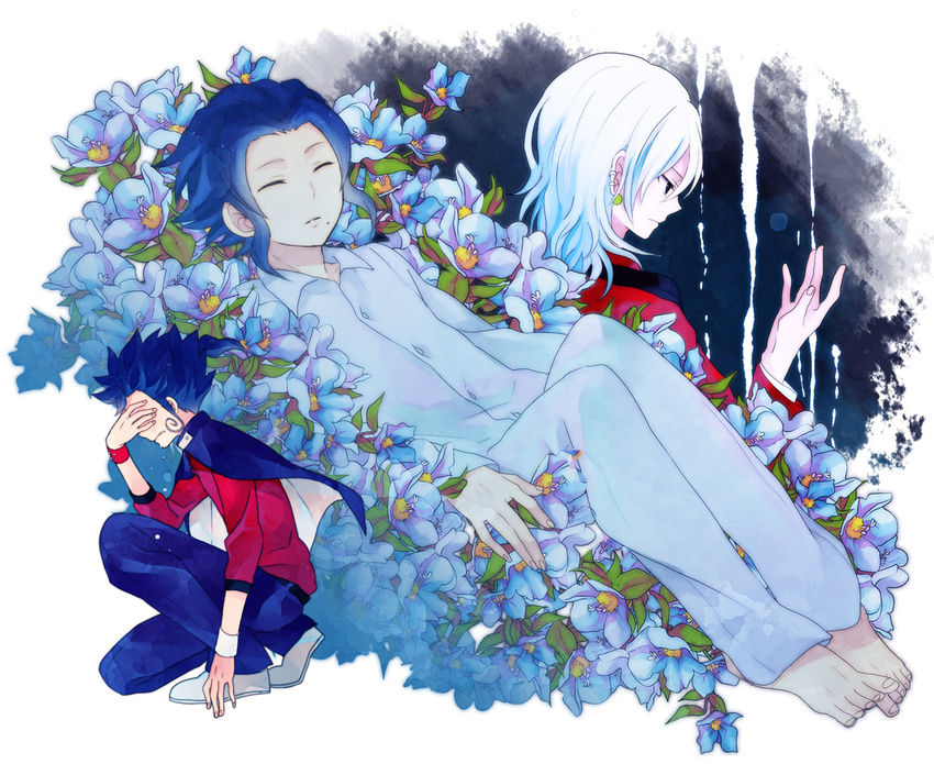 bad_id bad_pixiv_id blue_hair bracelet brothers cloak earrings flower gouenji_shuuya inazuma_eleven_(series) inazuma_eleven_go jewelry male_focus mole multicolored_hair multiple_boys ono_(0_no) siblings sleeping spiked_bracelet spikes tears tsurugi_kyousuke tsurugi_yuuichi white_hair