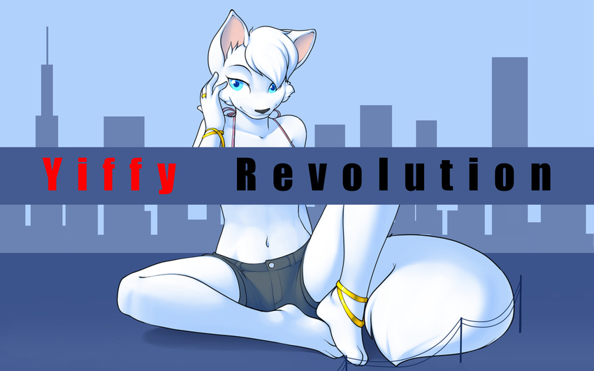 16:10 anklet arms bent_arm bent_legs blue_eyes bracelet breasts canine clothed clothing cool_colors ear_tuft edited female fox fur_tuft jewelry kittydee legs looking_at_viewer muzzle navel plantigrade pointy_ears ring shorts sitting skimpy smile solo spread_legs spreading tail tuft wallpaper white widescreen