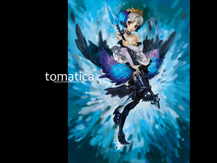 armor armored_dress bare_shoulders blonde_hair choker crown detached_sleeves dress grey_eyes gwendolyn highres low_wings odin_sphere polearm short_hair silver_hair solo spear strapless strapless_dress tomatika weapon wings