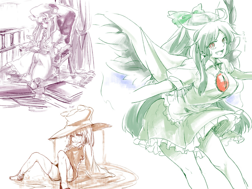 bad_id bad_pixiv_id book cape frilled_skirt frills hat highres kiguchiko monochrome moriya_suwako multiple_girls outstretched_arms patchouli_knowledge reiuji_utsuho sitting skirt spread_arms touhou wet wings