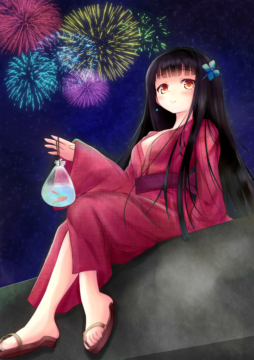 absurdres aerial_fireworks bag bagged_fish bangs black_hair breasts brown_eyes fireworks fish goldfish hair_ornament highres japanese_clothes kimono kirifrog long_hair looking_down medium_breasts mole mole_under_eye open_clothes original sandals sitting sky smile solo star_(sky) starry_sky unmoving_pattern