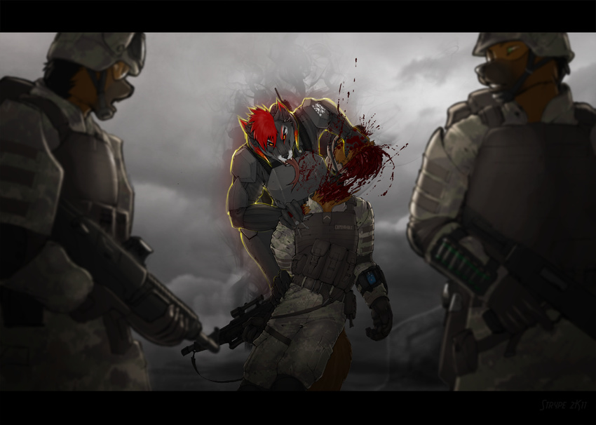 body_armor canine combat death decapitation firefox_breed gore gun hair male mammal private_expendable ranged_weapon red_hair rifle soldier strype wanna_join_ordo weapon