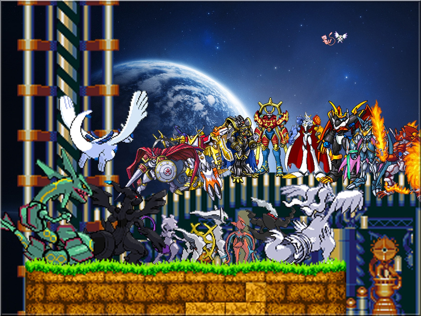 arceus crossover culumon darkrai deoxys digimon digimon_adventure digimon_frontier digimon_savers digimon_tamers digimon_xros_wars dukemon epic gallantmon gen_1_pokemon gen_2_pokemon gen_3_pokemon gen_4_pokemon gen_5_pokemon highres imperialdramon lugia mew mewtwo no_humans omegamon pokemon pokemon_(creature) pokemon_(game) pokemon_bw rayquaza reshiram shinegreymon shoutmon susanoomon vitor-aizen zekrom